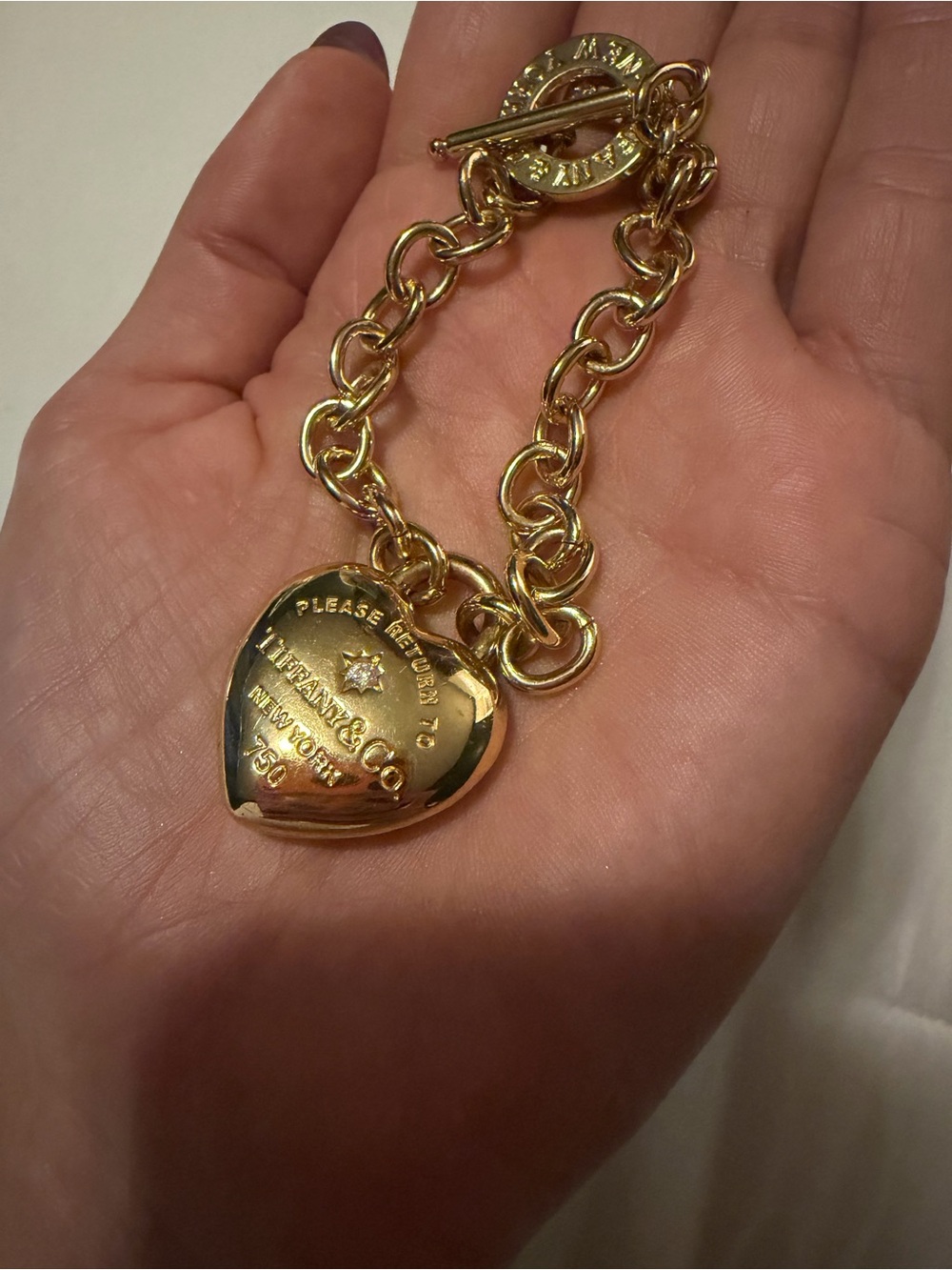 Gold tone Heart Tag Toggle Bracelet